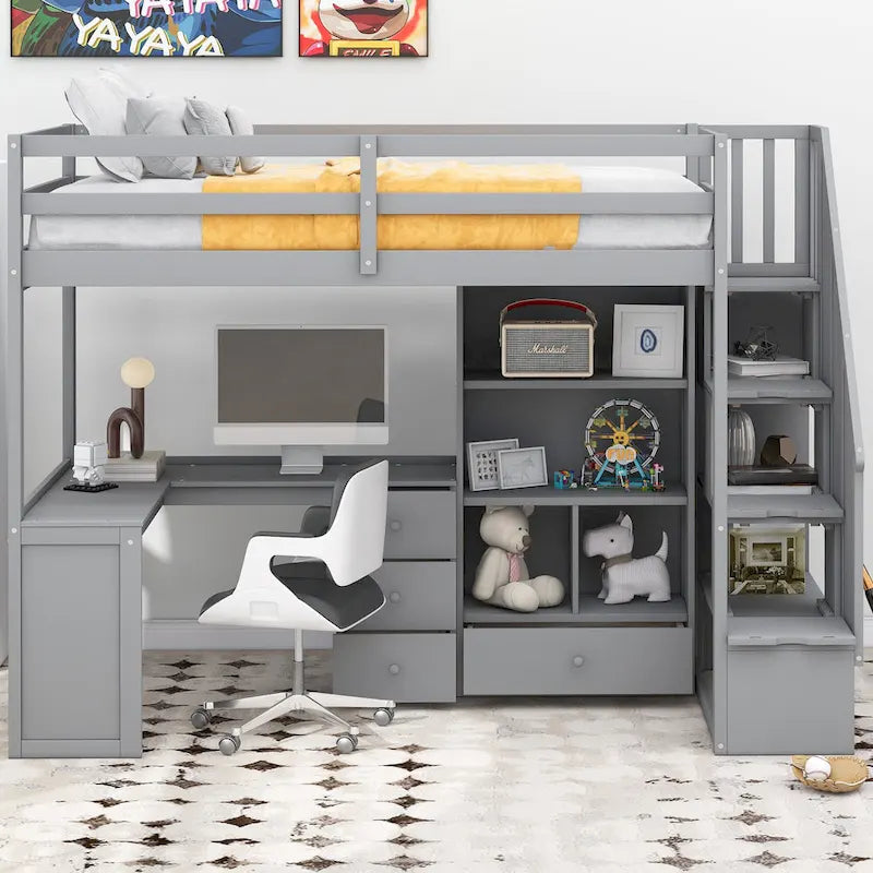 Twin Size Loft Bed w/L-Shaped Desk,Drawers,Cabinet,Storage Staircase