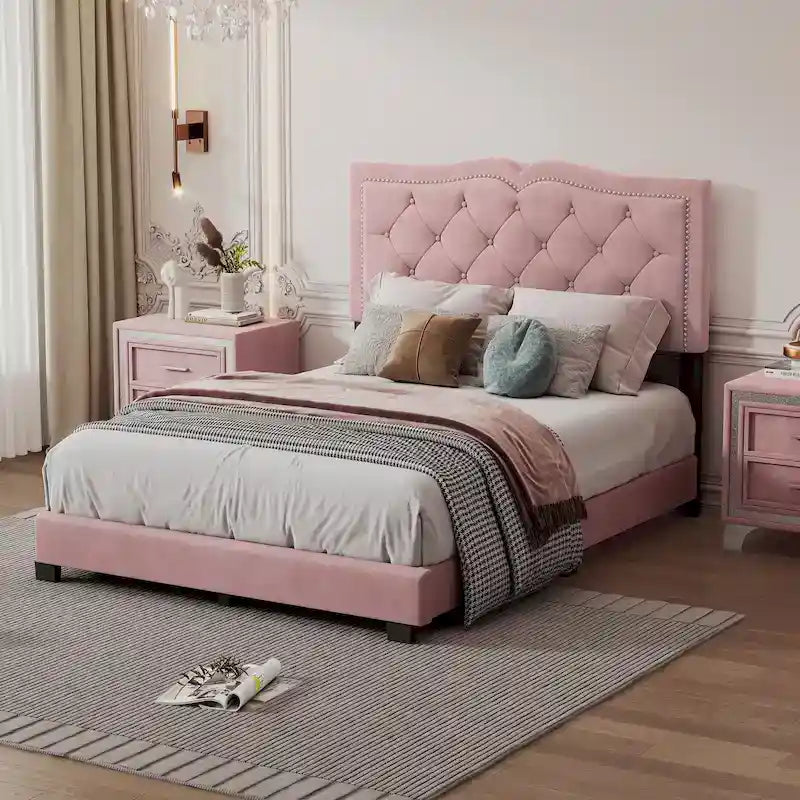 Lit plateforme rose moderne en velours
