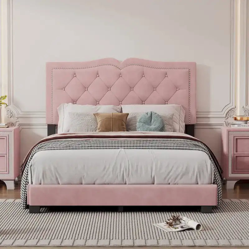 Lit plateforme rose moderne en velours
