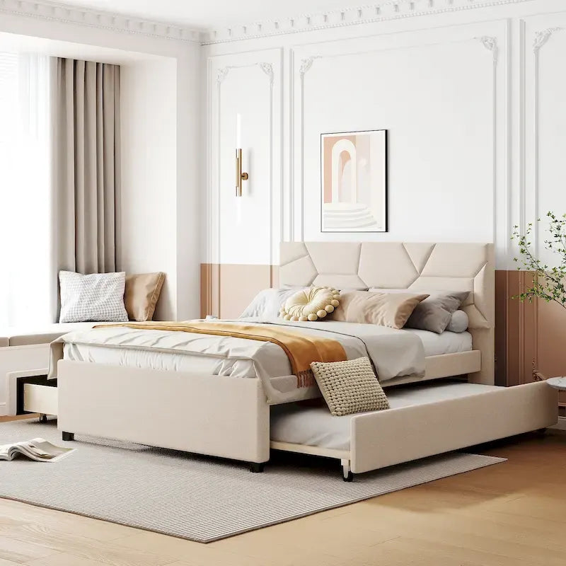 Lit plateforme grand format en lin beige
