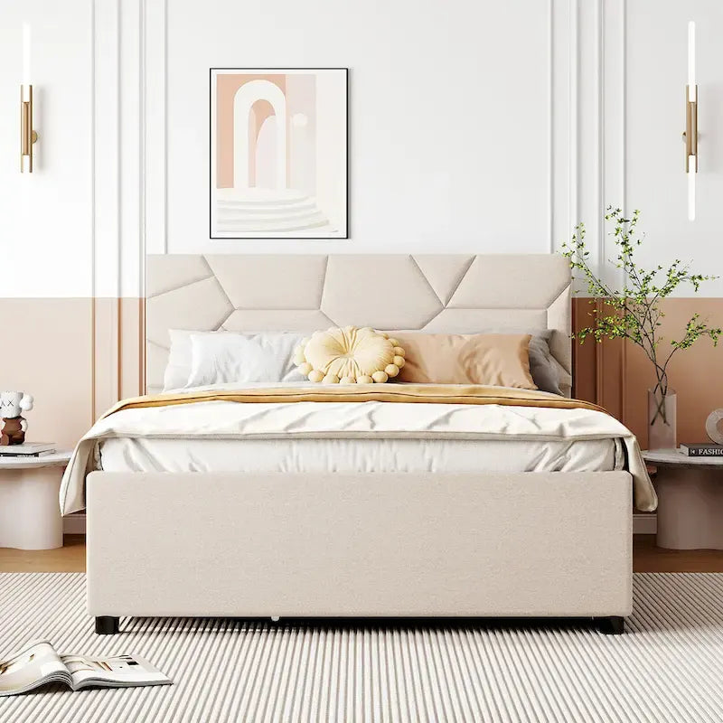 Lit plateforme grand format en lin beige
