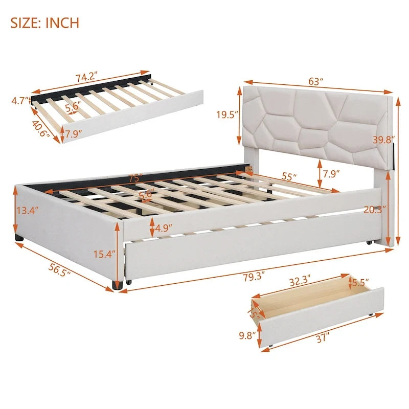 Lit plateforme grand format en lin beige