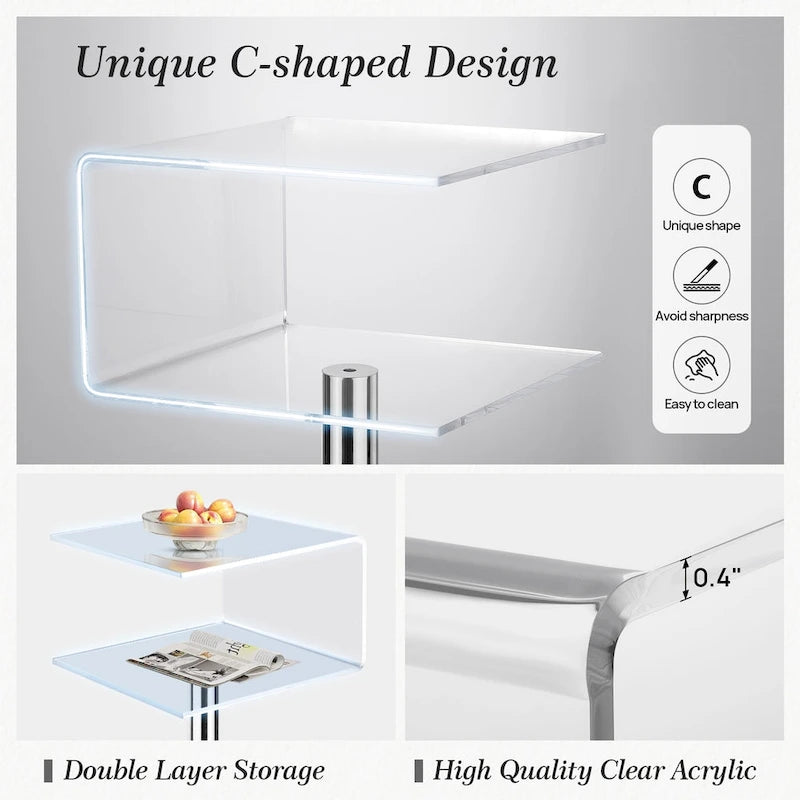 Table d'appoint en acrylique moderne transparente Table de chevet en forme de C