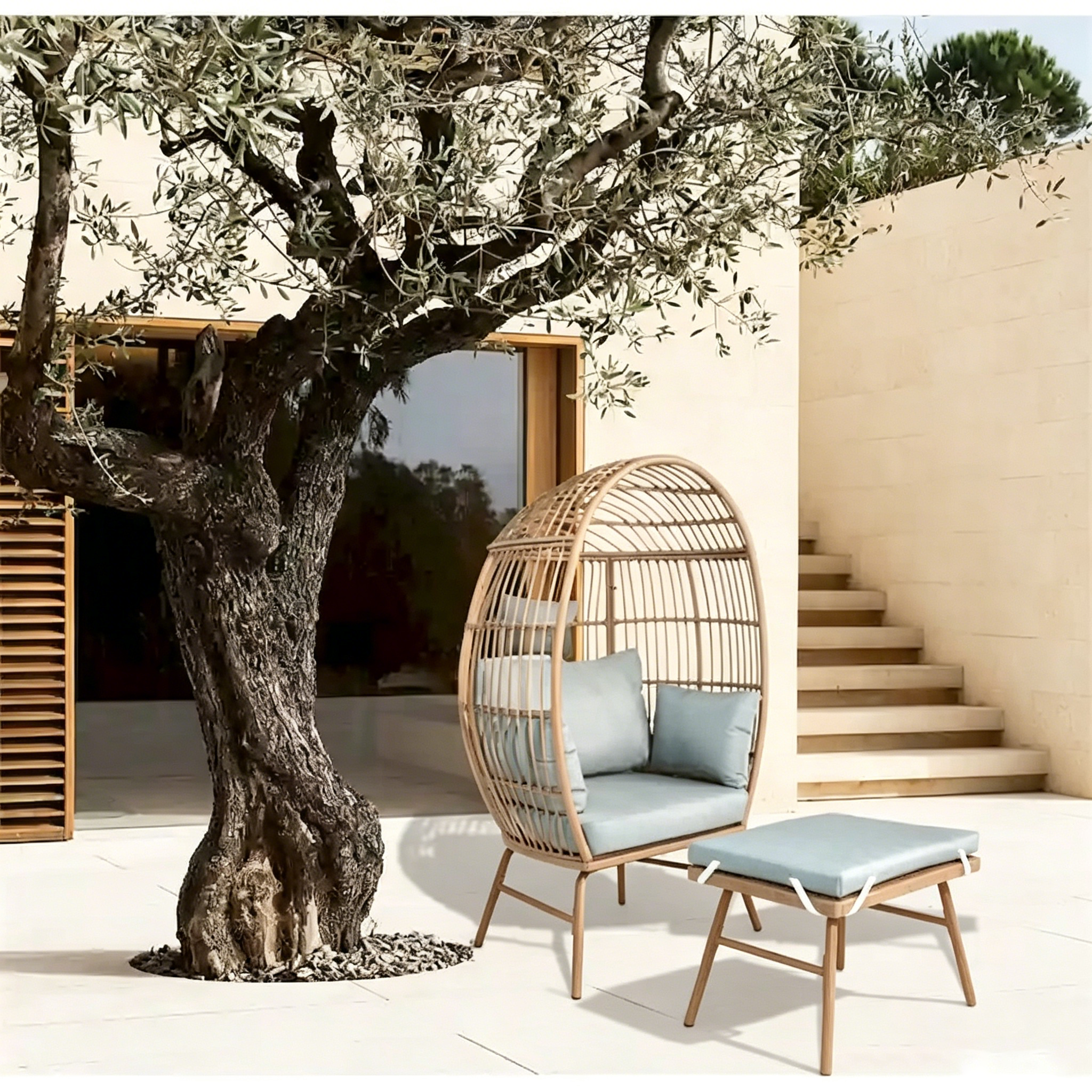 Fauteuil œuf et pouf en osier pour jardin extérieur