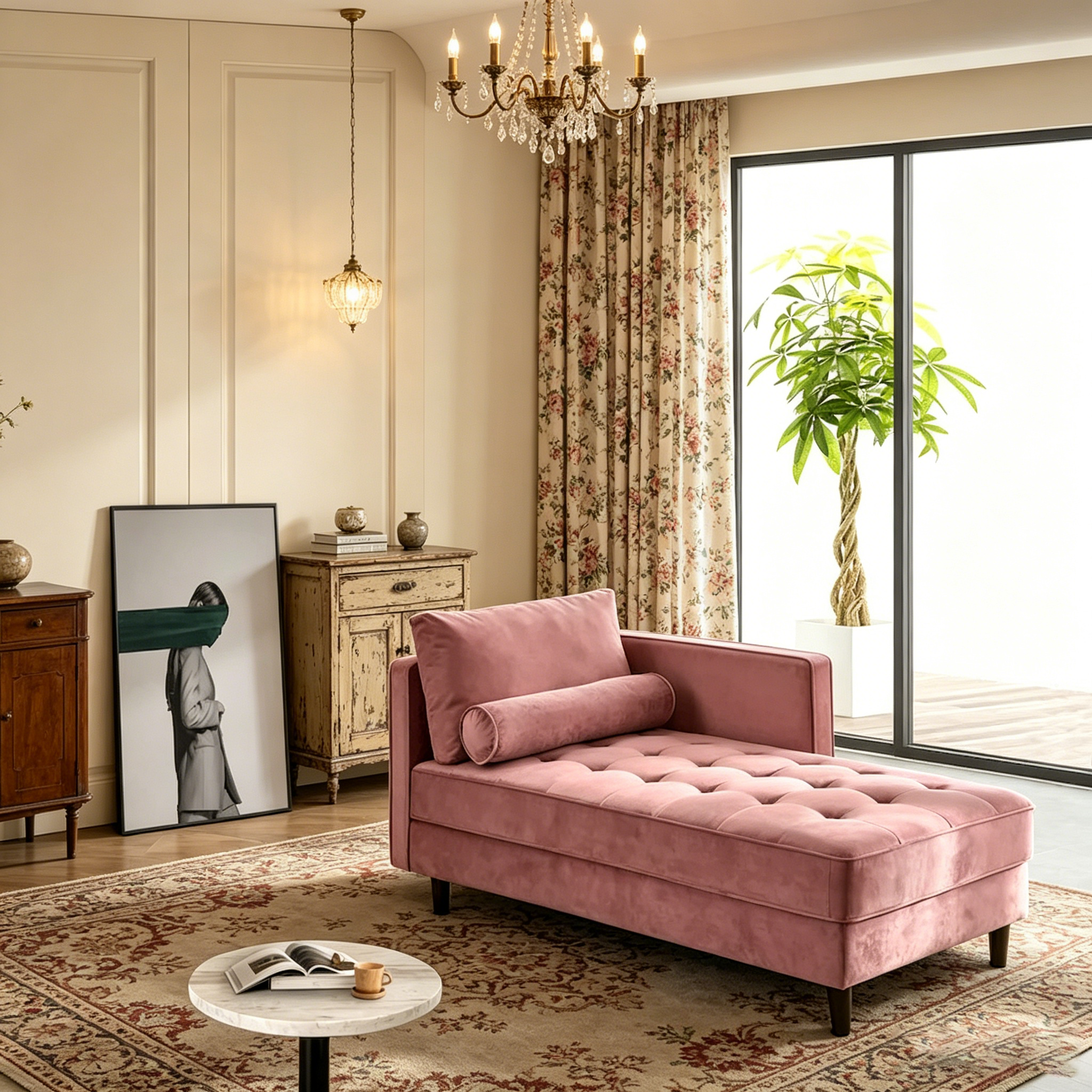 Chaise longue capitonnée en velours rose