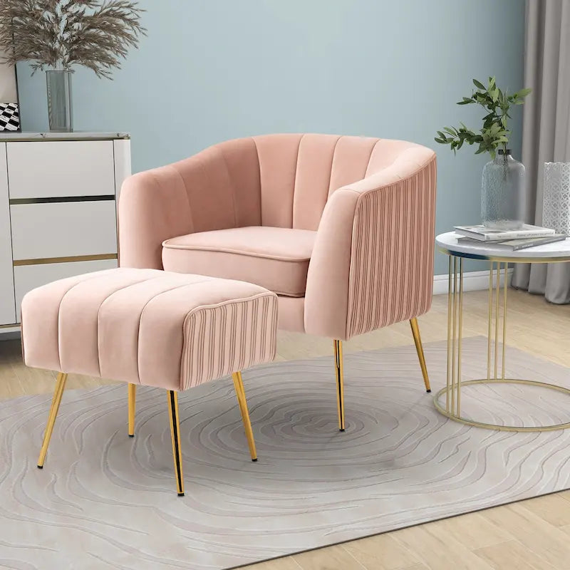 Fauteuil d'appoint moderne en velours avec pouf et accoudoirs ronds