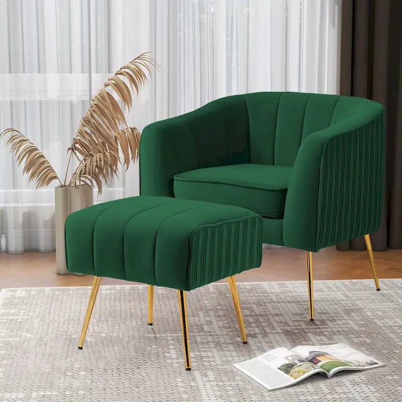 Fauteuil d'appoint moderne en velours avec pouf et accoudoirs ronds