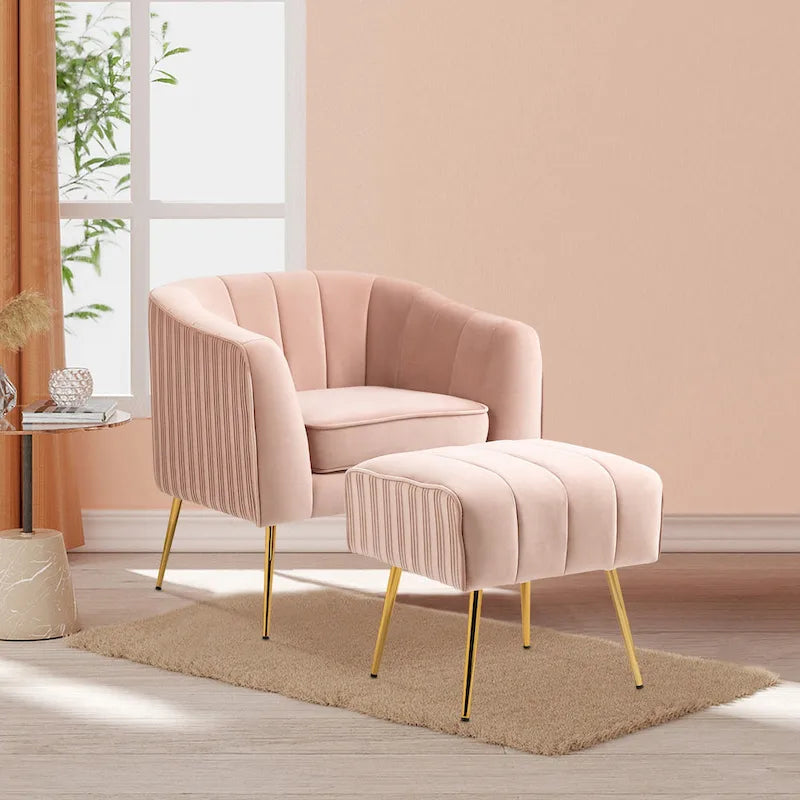 Fauteuil d'appoint moderne en velours avec pouf et accoudoirs ronds