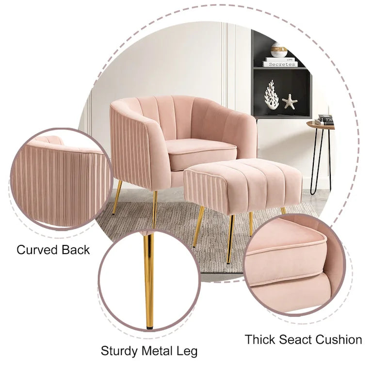 Fauteuil d'appoint moderne en velours avec pouf et accoudoirs ronds