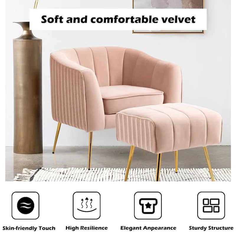 Fauteuil d'appoint moderne en velours avec pouf et accoudoirs ronds
