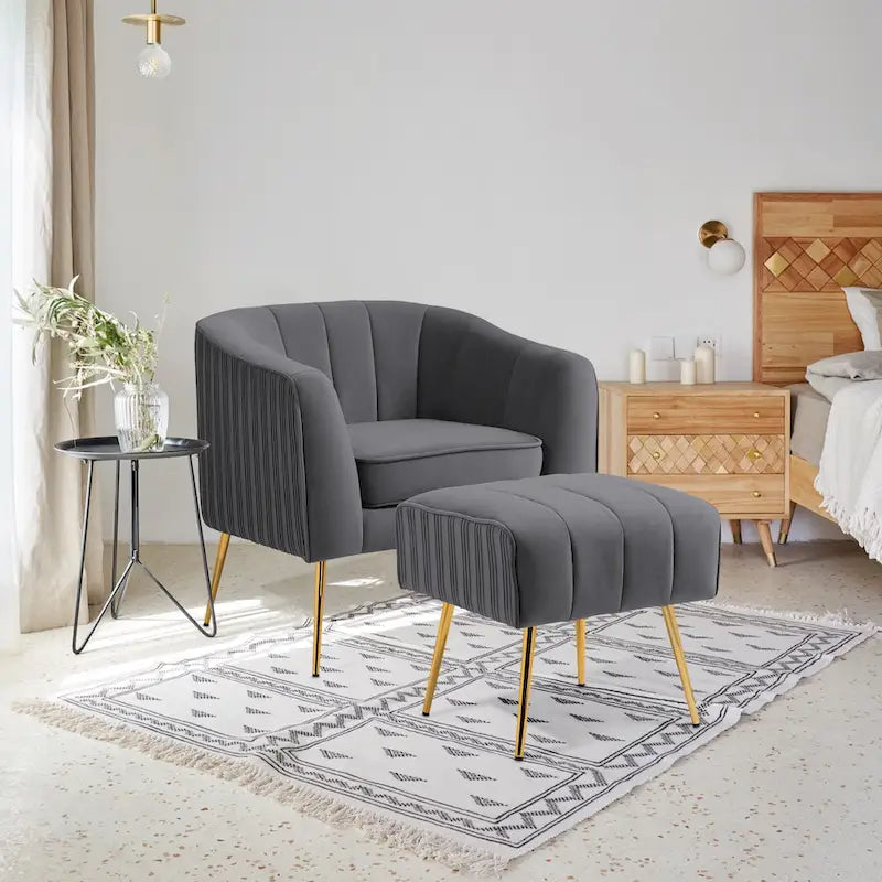 Fauteuil d'appoint moderne en velours avec pouf et accoudoirs ronds
