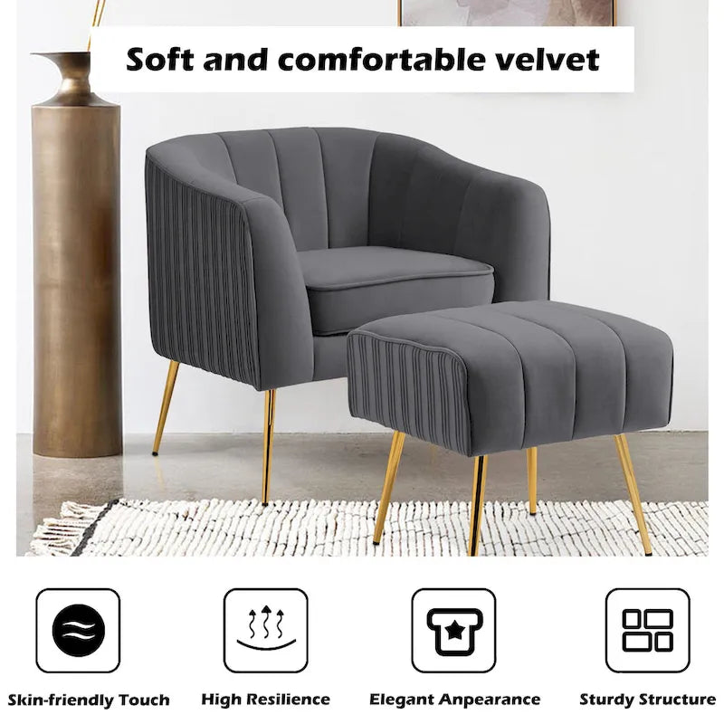 Fauteuil d'appoint moderne en velours avec pouf et accoudoirs ronds