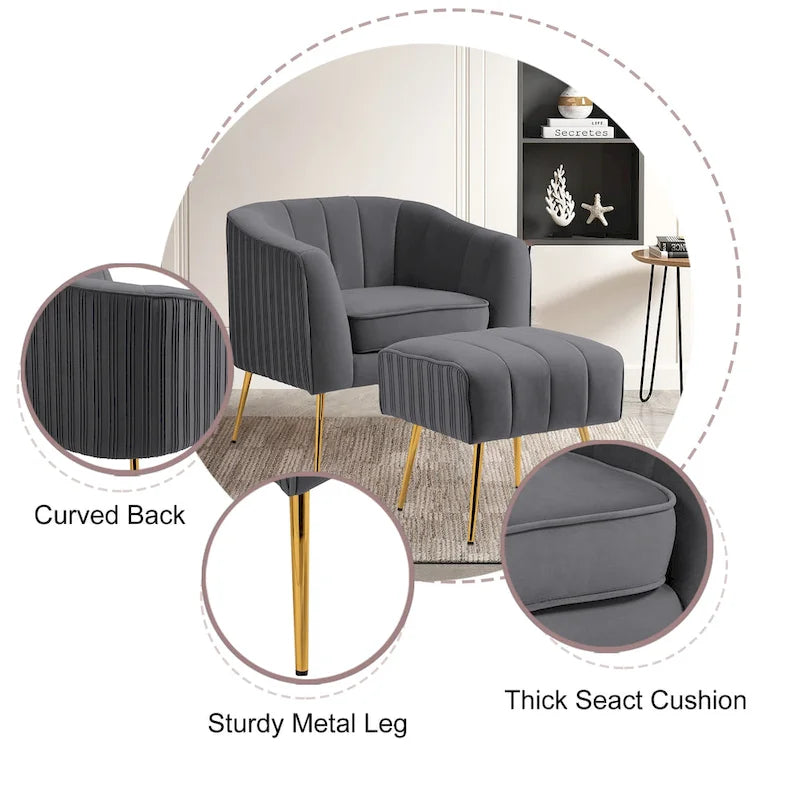 Fauteuil d'appoint moderne en velours avec pouf et accoudoirs ronds
