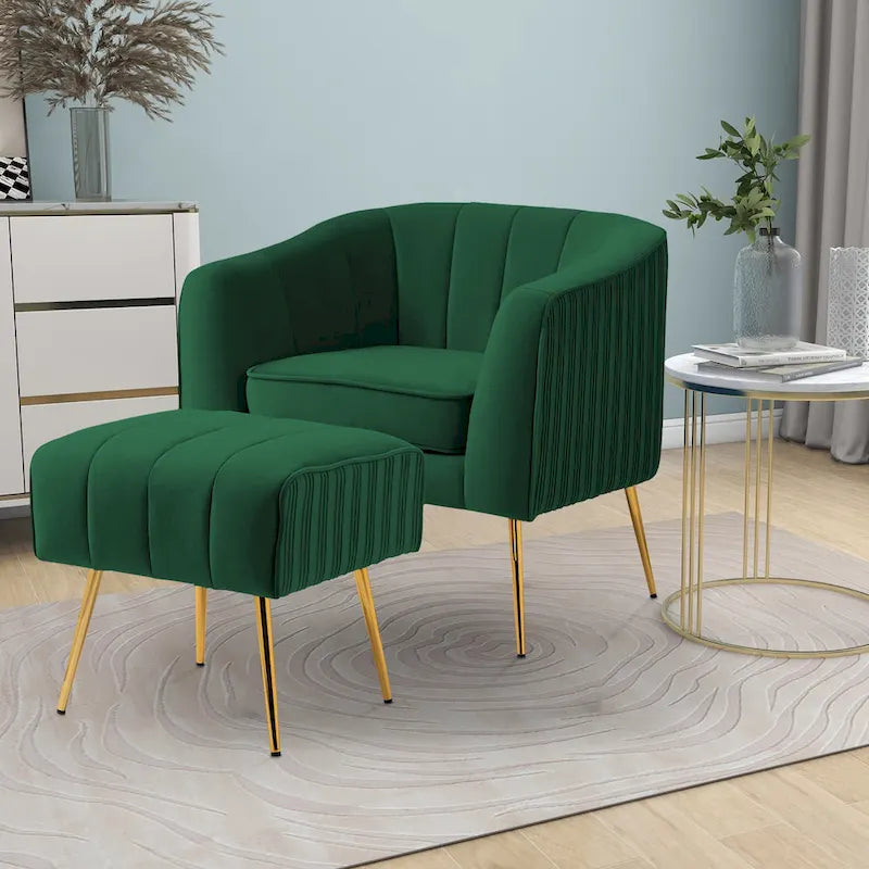 Fauteuil d'appoint moderne en velours avec pouf et accoudoirs ronds