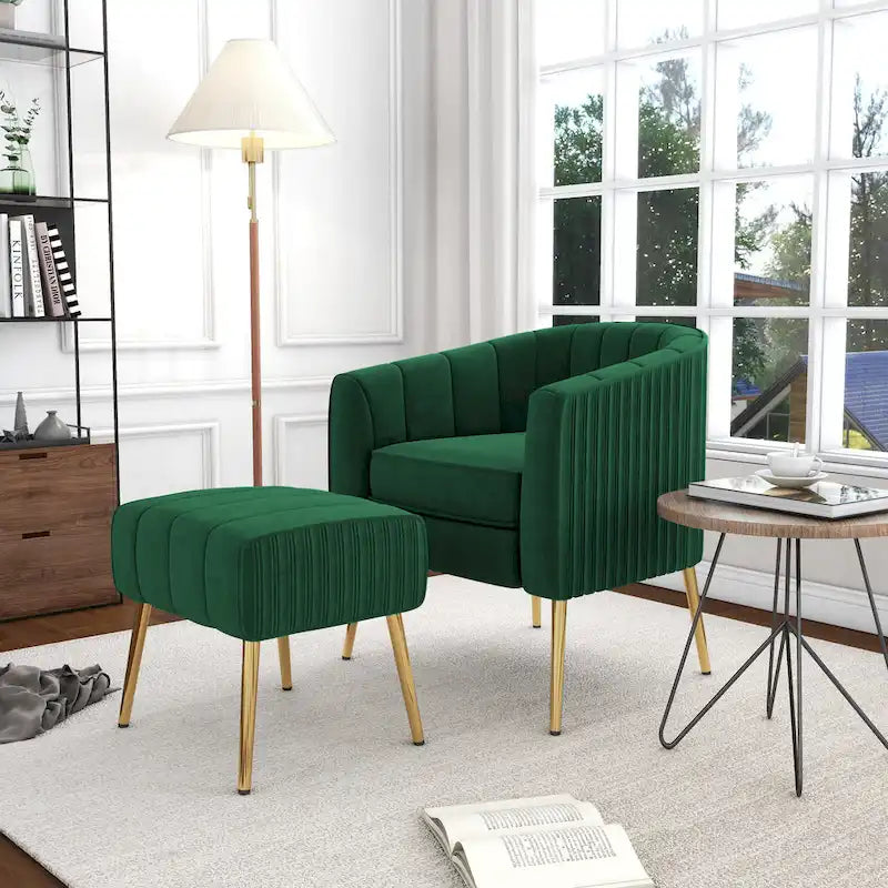Fauteuil d'appoint moderne en velours avec pouf et accoudoirs ronds
