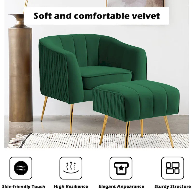Fauteuil d'appoint moderne en velours avec pouf et accoudoirs ronds