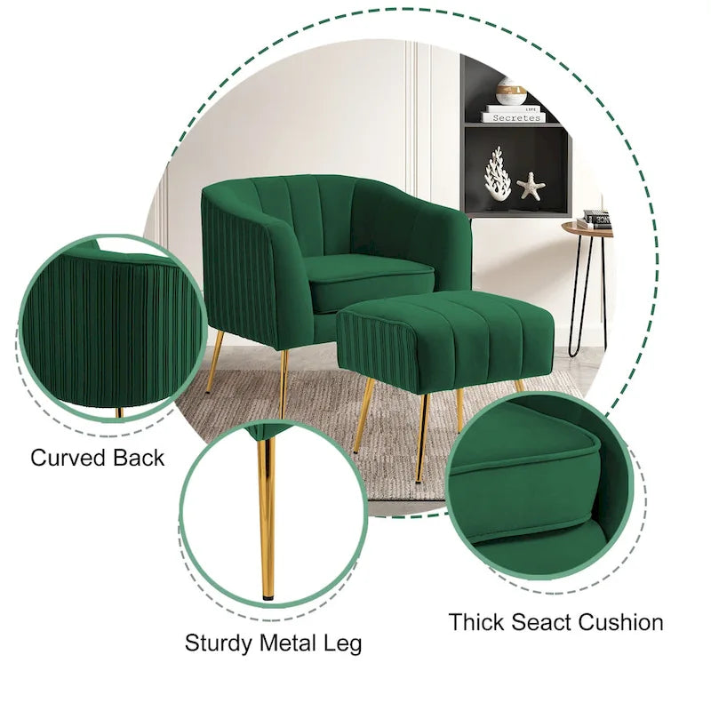 Fauteuil d'appoint moderne en velours avec pouf et accoudoirs ronds