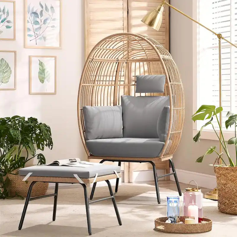 Fauteuil œuf et pouf en osier pour jardin extérieur